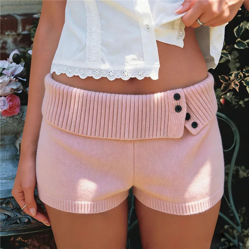 Stylish Button Decor Ribbed Trim Foldover Mid Rise Shorts Women Knit Crochet Micro Shorts Casual Slim Fit Y2K Streetwear
