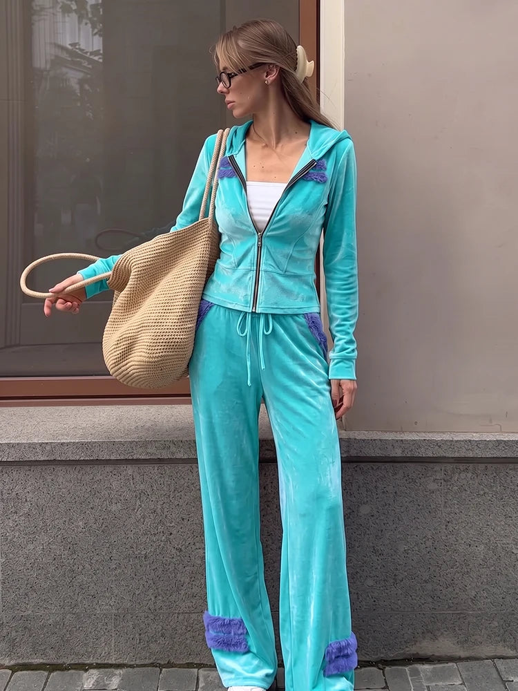 Patchwork 2-Piece Set Women Hooded Zip Full Sleeve Crop Coat+Drawstring Flare Pant Classic Sporty Casual Streetwear