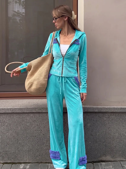 Patchwork 2-Piece Set Women Hooded Zip Full Sleeve Crop Coat+Drawstring Flare Pant Classic Sporty Casual Streetwear