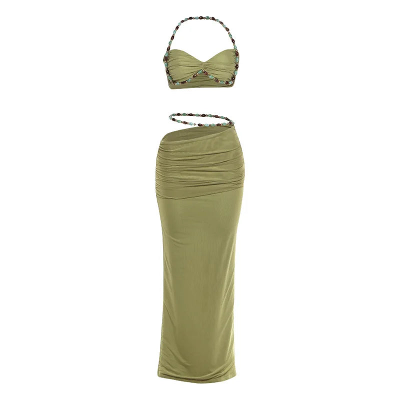 2 Piece Set Beaded Halter Top and Long Skirt Green Sexy Vacation Outfits Women Matching Sets Summer 2026