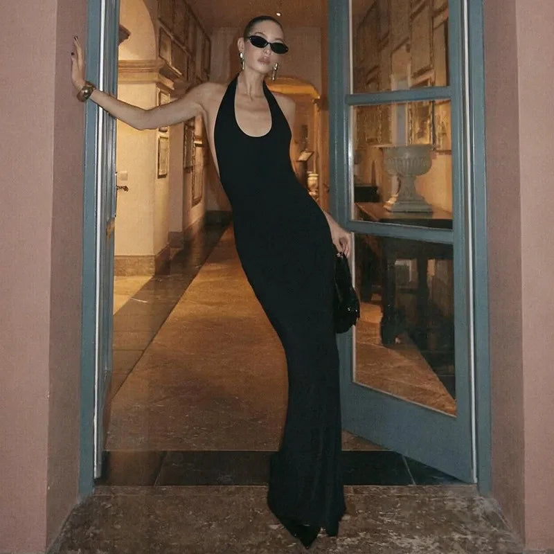 Racerback Maxi Dress Open Back Hardware Detail Black Cocktail Dresses Sexy Party Outfit for Woman 2026