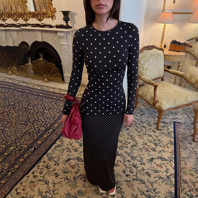 Black Long Sleeve Maxi Dress with White Polka Dot 2026 Fall Dresses for Woman Elegant Clothing