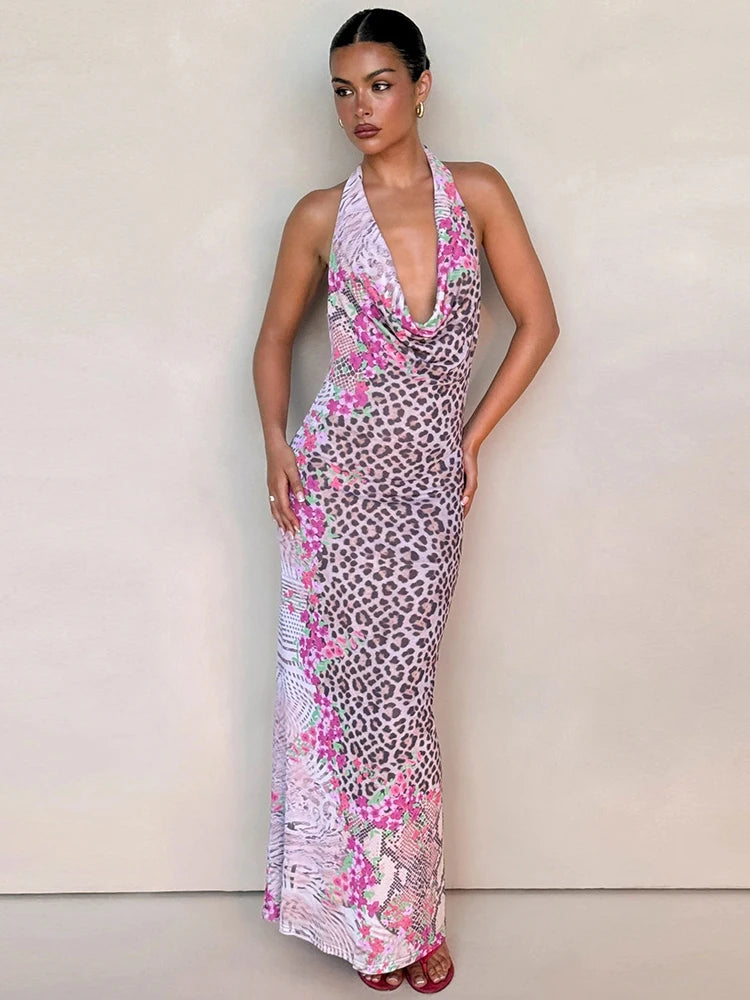 Leopard Print Dress Women Backless Lace-Up Halter Patchwork Swing Collar Sleeveless Midnight Clubwear Party Vestidos