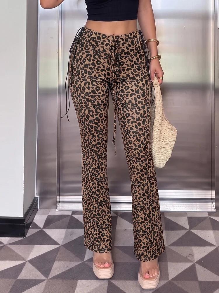 Hottie Shirring Bell Pants Women Fashion Trend Leopard Print Drawstring Stretch Skinny Midnight Street Club Bottoms