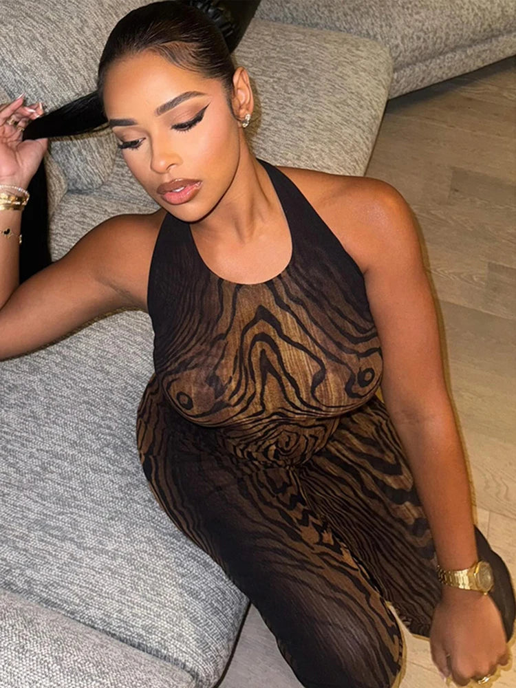 Stripe Print Women 2 Piece Set coquette See Through Hipster Full Sleeve Crop Tops+Straight Pants Matching Clubwear