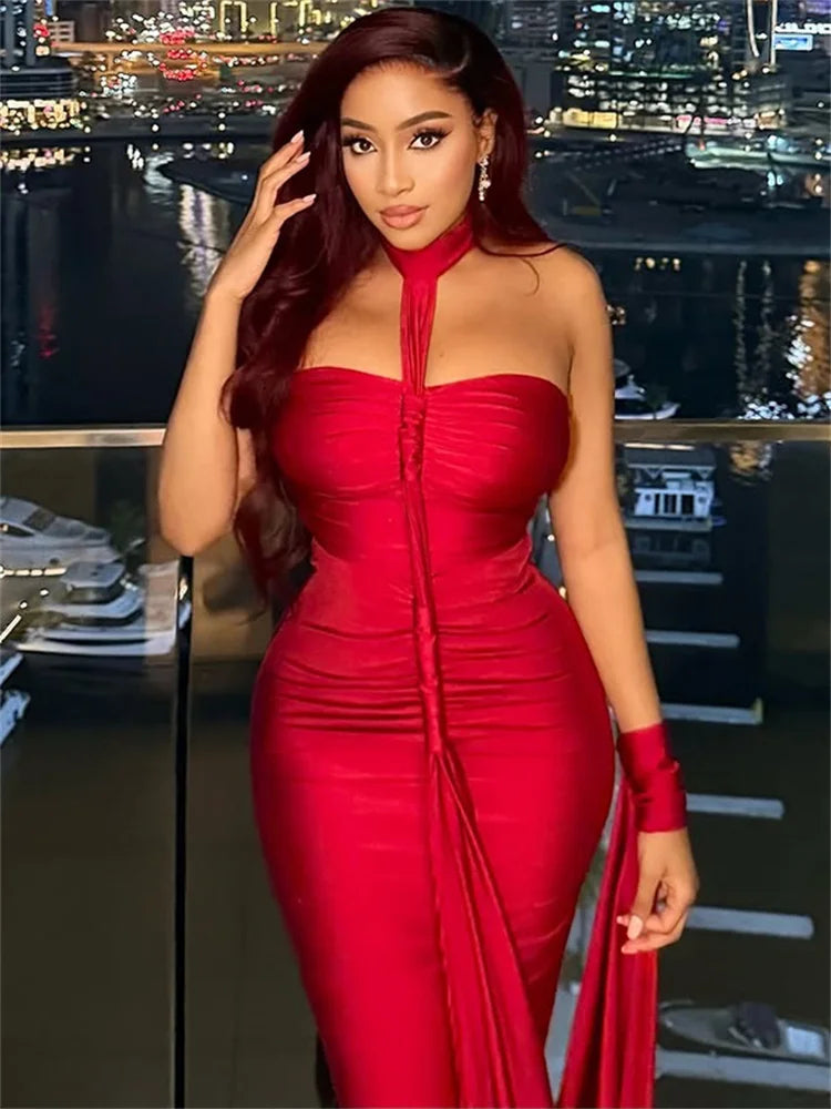 Elegant Halter Maxi Dress Women Backless Skinny Hand Strap Hem Summer Trend Sexy Vacation Birthday Party Vestidos