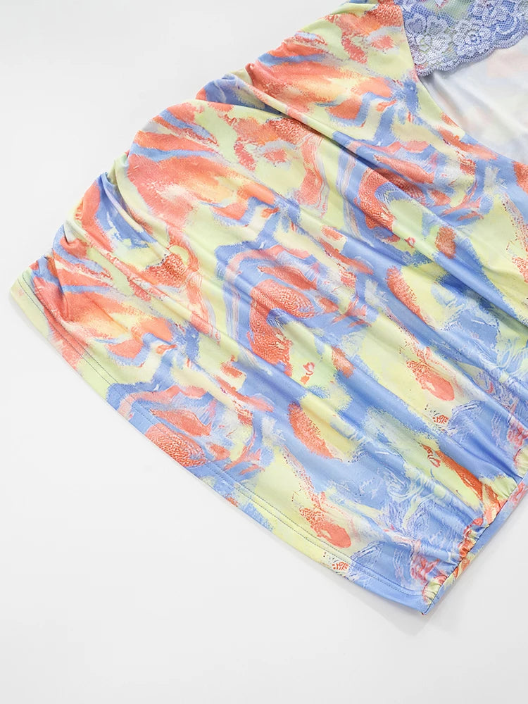 Patchwork Lace Dress Women Sexy Colorful Print Jacquard Cross Halter Sexy Wild Backless Midnight Peach Hip Bodycon