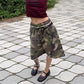 Women Camo Cropped Bermuda Shorts Elastic Waist Drawstring Frayed Hem Wide Leg Shorts Daily Streetwear Loose Bottoms