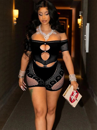 Sexy Hollow Playsuits Woman Diamond Summer Hipster Midnight Short Sleeve O-Neck Slash Neck Streetwear Skinny Romper