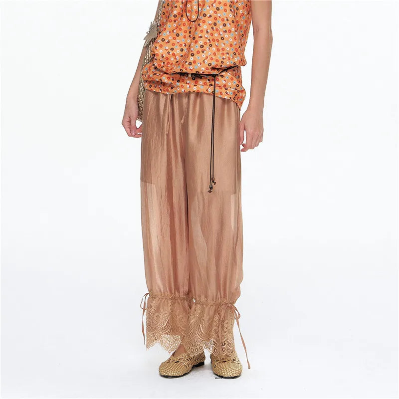 Women Boho Sheer Loose Harem Pants Drawstring Elastic Waist Lace Ruffle Hem Casual Beach Cover Up Trousers With Pockets