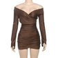 V Neck Off Shoulder Long Sleeve Mini Dresses for Party Night Club Outfits Women Sexy Brown Bodycon Dress