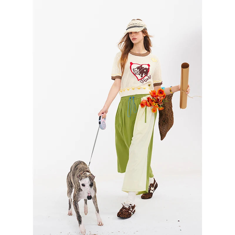 Women's Crochet Knitwear with Heart Animal Pattern, Short Sleeve Color Block Trim Top, Casual Retro Tee for Summer