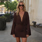 Deep V Neck Long Sleeve Mini Dress Autumn 2026 Fashion Elegant Brown Dresses for Woman Clothing