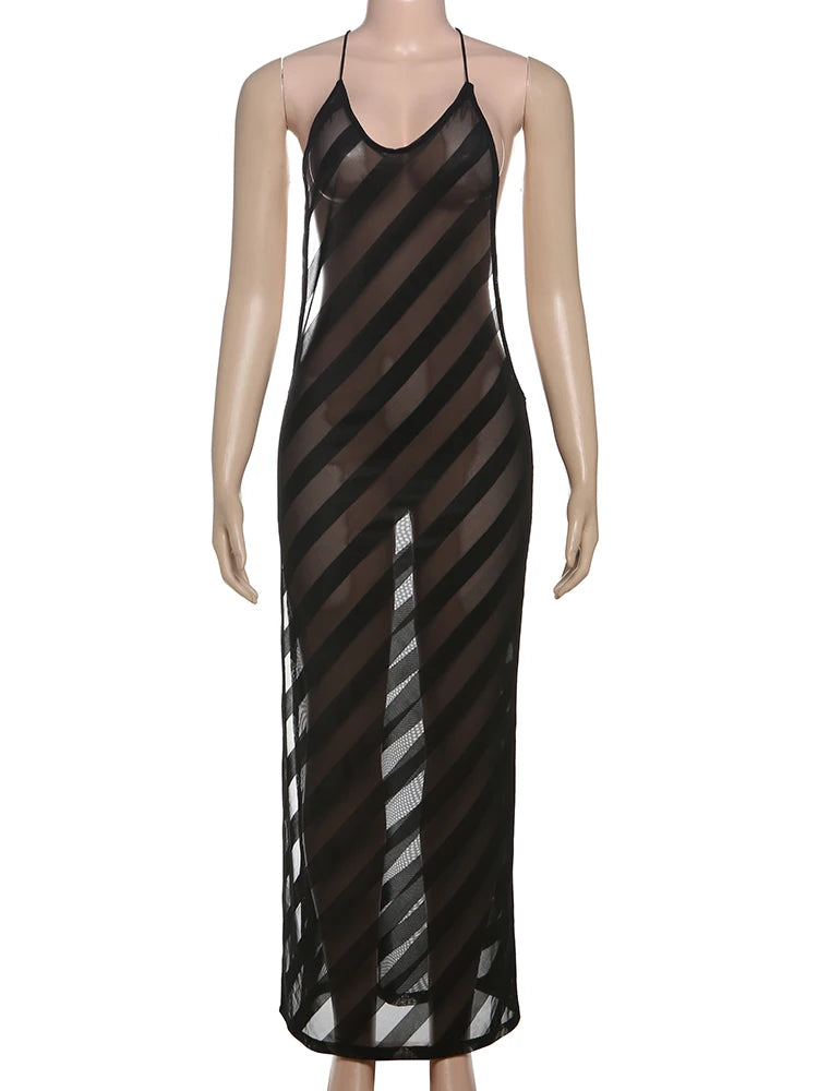 See Through Dress Women Summer Sexy Backless Sleeveless Side Slit Diagonal Stripes Lace Midnight Club Party Vestidos