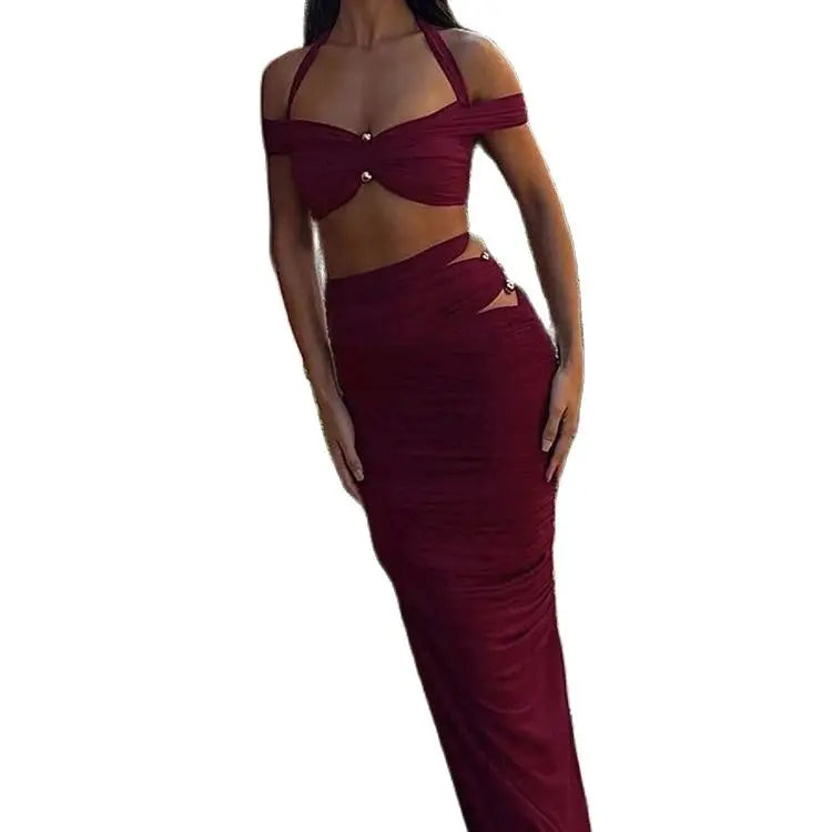 Sexy 2-Piece Set Women Y2K Halter One Shoulder Metal Knot Crop Tops+Hollow Long Skirts Beach Party Matching Outfits