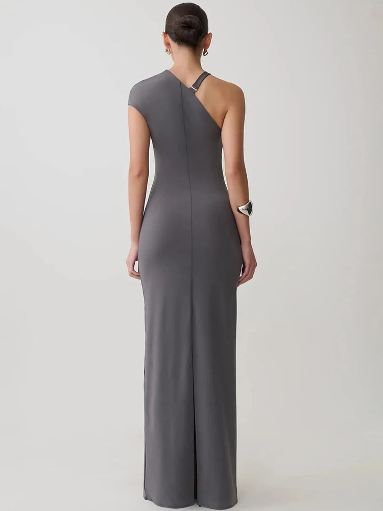 Women One‑Shoulder Metal Ring Decor Sexy Maxi Dress Sleeveless Bodycon Evening Gown Wedding Guest Party Long Dress