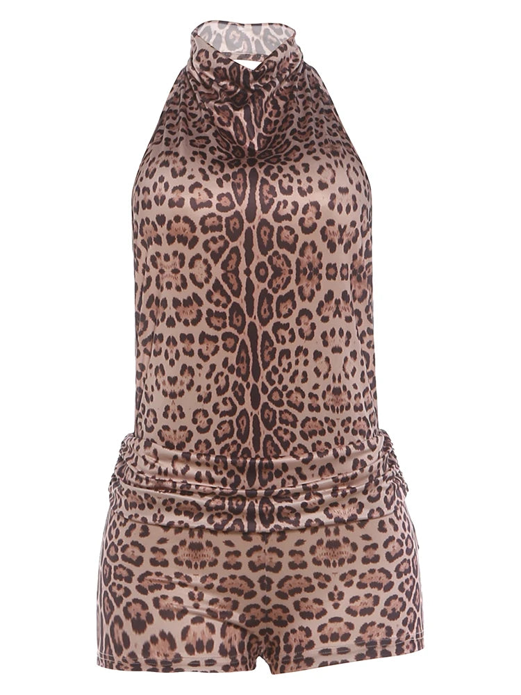 Sexy Backless Rompers Woman Leopard Print Halter Sleeveless Skinny Peach Hip Hot Girls High Street Fashion Playsuits