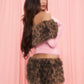 Furry Patchwork 2 Piece Set Woman Leopard Print Slash Neck Full Sleeve T-Shirt+Rhinestone Decoration Mini Shorts Suit