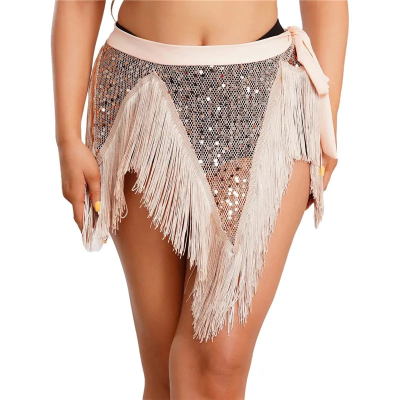 Sparkly Sequin Tassel Wrap Skirt Women Irregular Triangle Hem Side Tie Waist Skirt Rave Belly Dance Party Costume Outfit