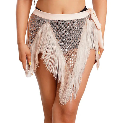 Sparkly Sequin Tassel Wrap Skirt Women Irregular Triangle Hem Side Tie Waist Skirt Rave Belly Dance Party Costume Outfit
