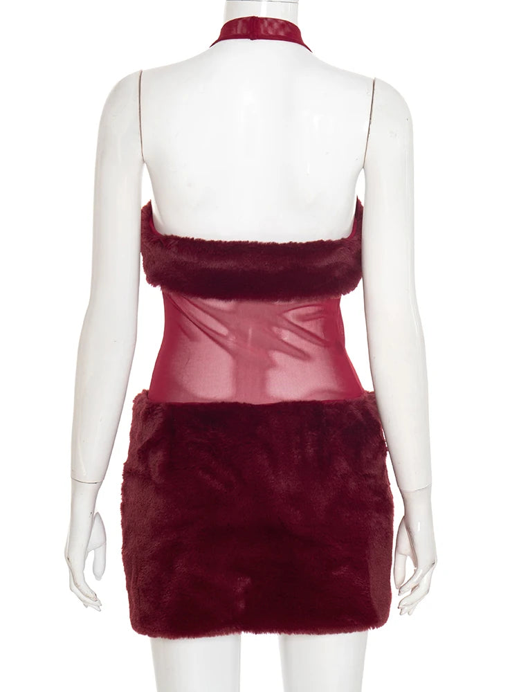 Furry Patchwork Sexy Dress Women Backless Sleeveless Hipster Midnight Clubwear Skinny Coquette Vacation Mini Bodycon