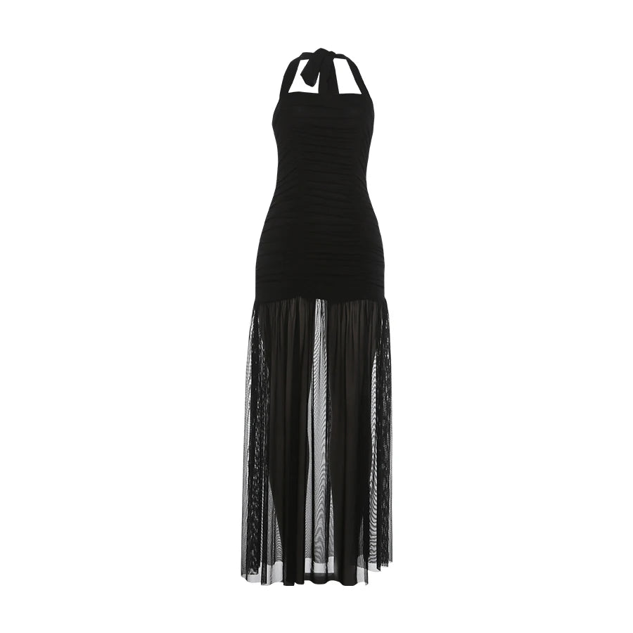 High Split Simple Dresses Women Sexy Halter Ruched Trend Backless Sleeveless Pleated Elegant Party Street Bodycon