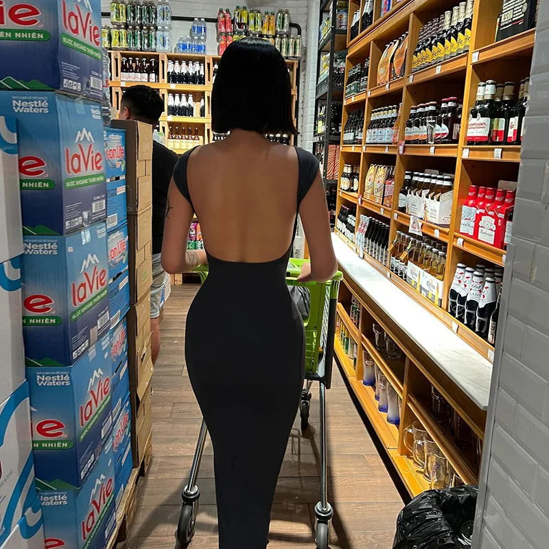 Short Sleeve Backless Long Dresses Sexy Outfits for Women Clothes Basics Casual Bodycon Grey Black Dress
