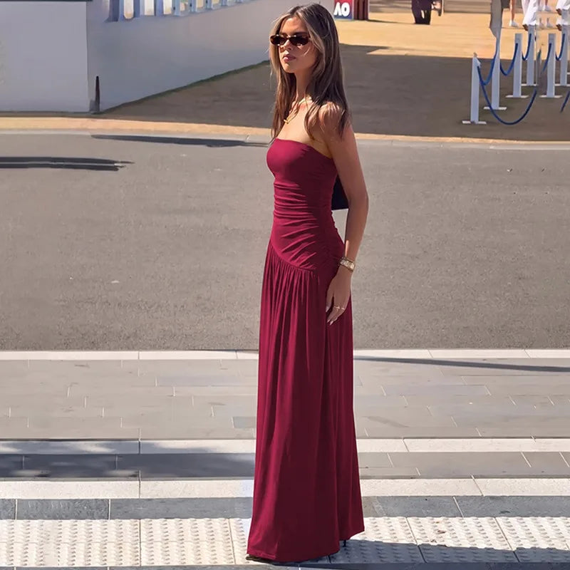 Strapless Ruched Maxi Dress Burgundy Black Outfit Summer Woman Clothing Elegant Dresses Casual
