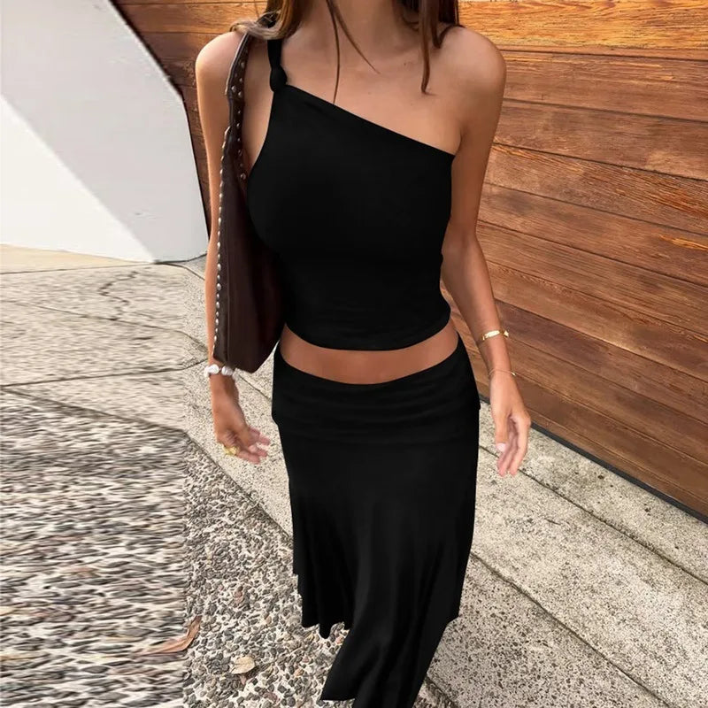 One Shoulder Crop Top and Pleated Skirt 2 Piece Set Summer Outfit Woman 2025 Elegant Long Dresses