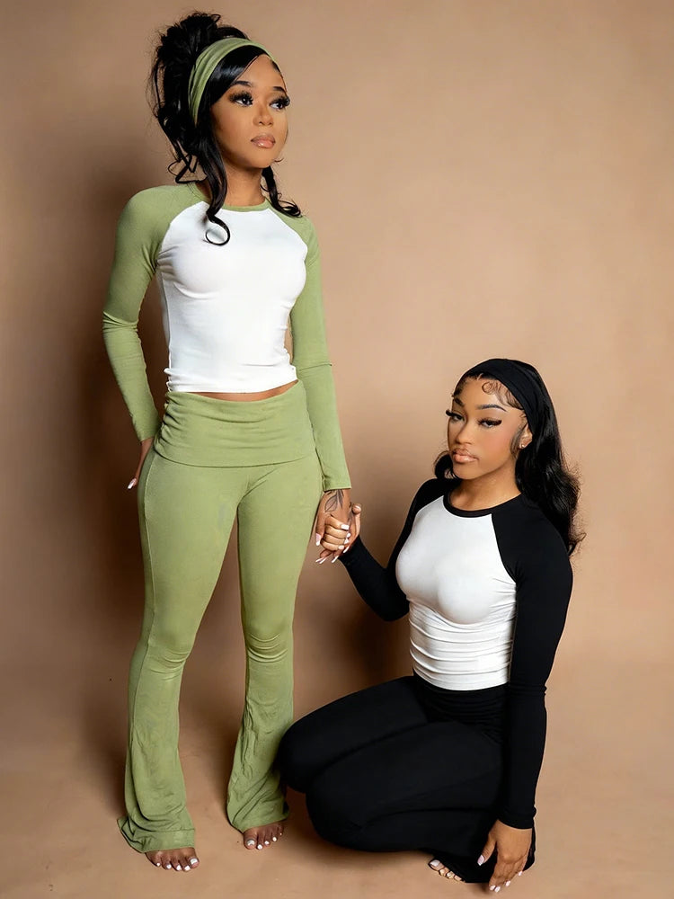 Christmas Party 2Piece Set Woman Contrast Patchwork o-Neck Full Sleeve Crop Tops+High Waist Long Pant Casual Fashion Suit