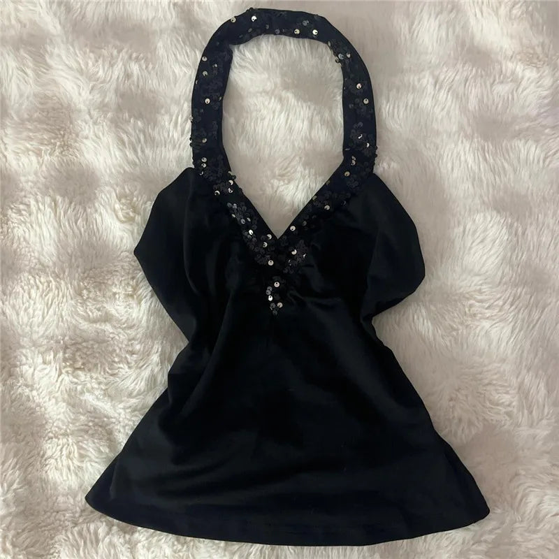 Women's Halter Neck Sequined Trim Top Y2K V Neck Ruched Backless Sleeveless Tank Top Summer Slim Fit Party Clubwear