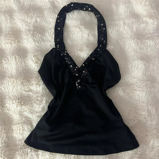 Women's Halter Neck Sequined Trim Top Y2K V Neck Ruched Backless Sleeveless Tank Top Summer Slim Fit Party Clubwear