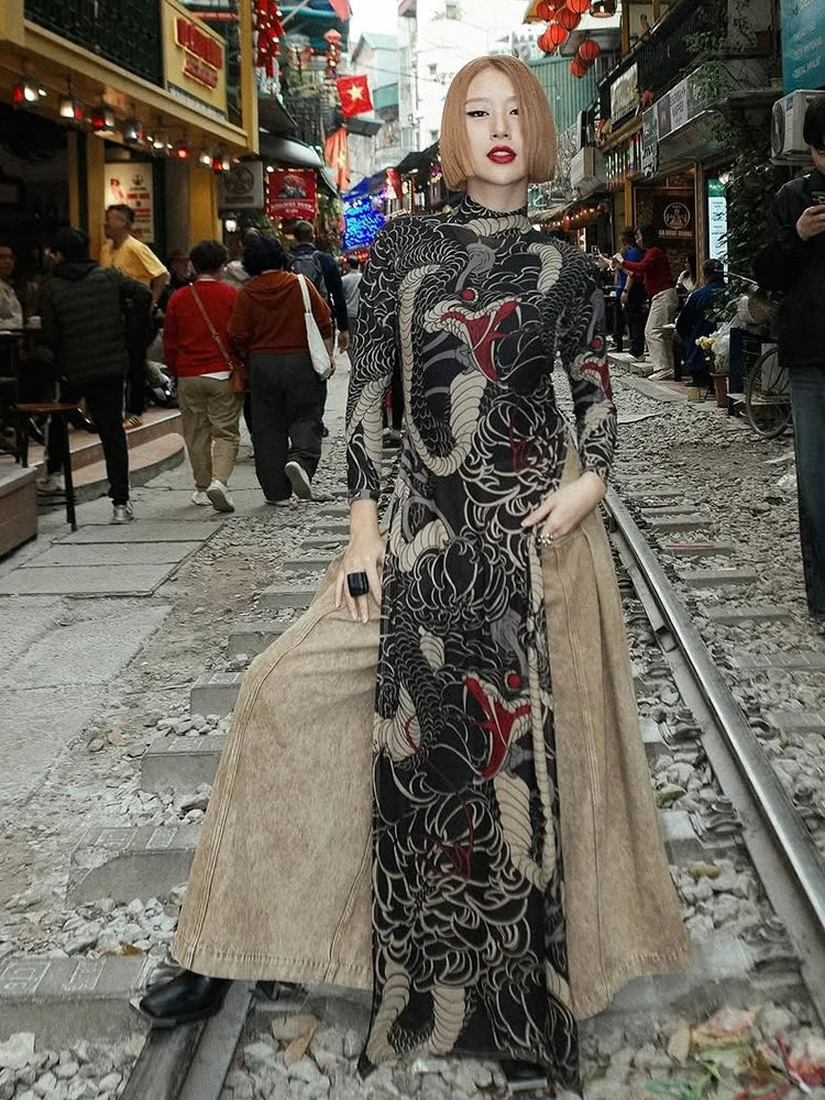 See Through Maxi T-Shirts Women Snake Print Turtleneck Full Sleeve High Split Elastic Sexy Coquette Skinny Clubwear