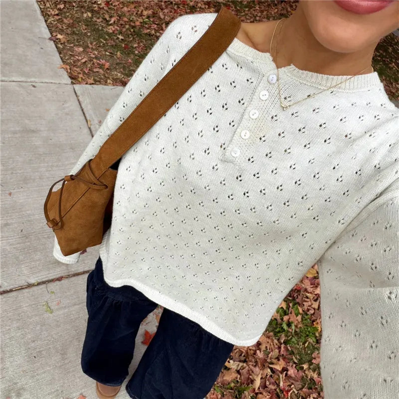 Women Hollow Eyelet Knitted Sweater Henley Button Neck Long Sleeve Loose Cropped Jumper Casual Spring Fall Pullover