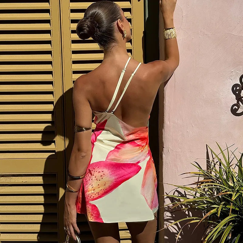 One Shoulder Backless Mini Dress Flower Printed Asymmetrical Dresses Sexy Vacation Summer Outfit Woman