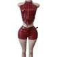 Belt PU Leather 2 Piece Set Women Sexy Zip Halter Tank Top+Shorts Hipster Skinny Midnight Luxury Clubwear Outfits