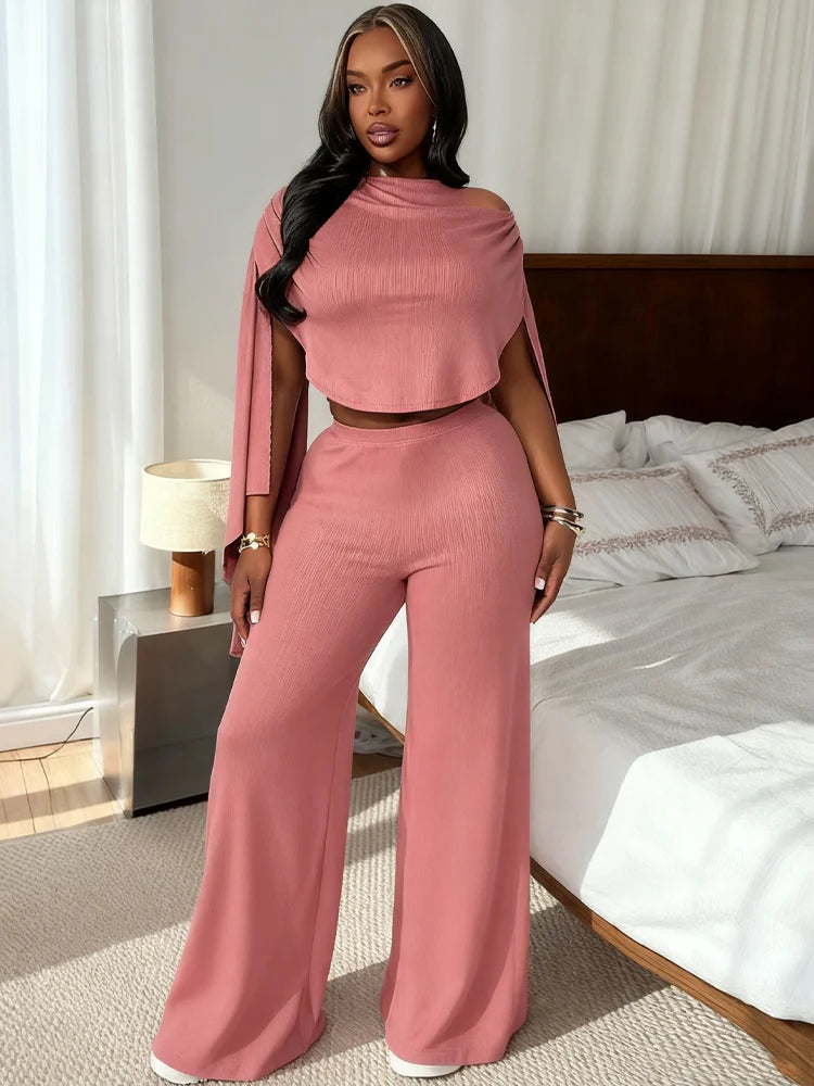 Casual Ribbon 2-Piece Set Women Cape Sleeve Skinny Top+Straight Trousers Matching Simple Elegant Stretch Slim Outfits