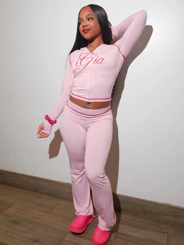 Casual Autumn Trend 2 Piece Set Woman Letter Print Full Sleeve Hooded Zip Jacket+Straight Trousers Street Fashion Outfits