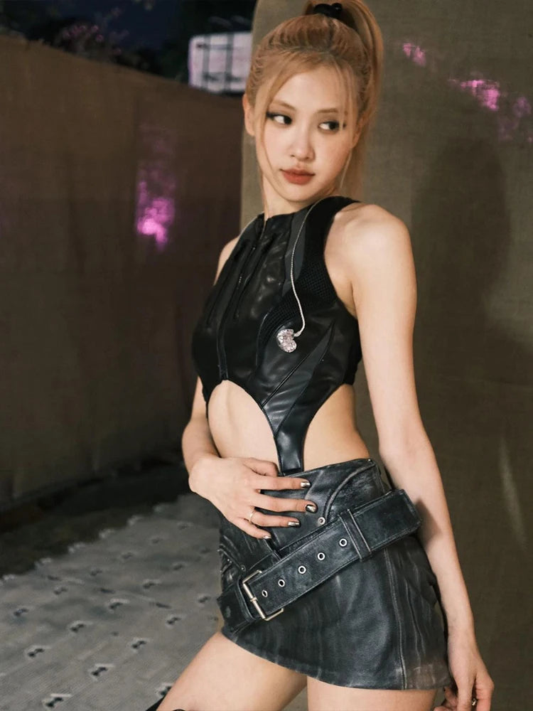 Zipper Sexy Bodysuit Women Faux Leather Patchwork Hollow Sleeveless o-Neck Waistless Midnight Music Festival Outfits