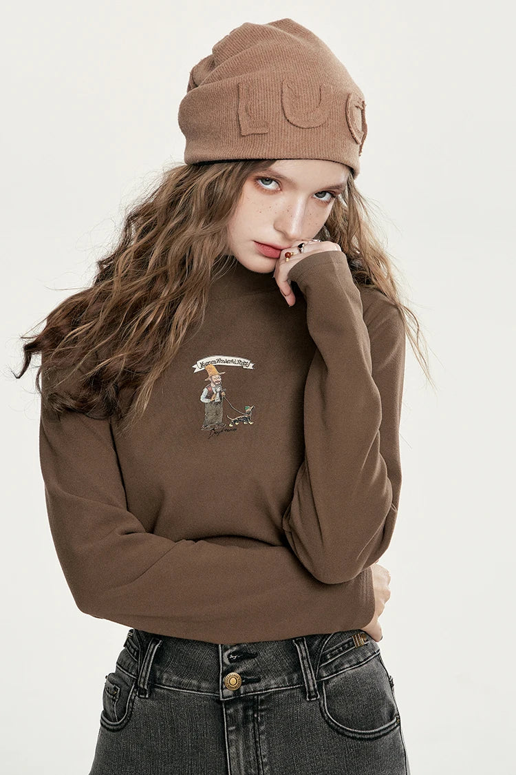 Women's Casual Graphic Long Sleeve Top with Cartoon Print, Cozy White Tee for Everyday Wear