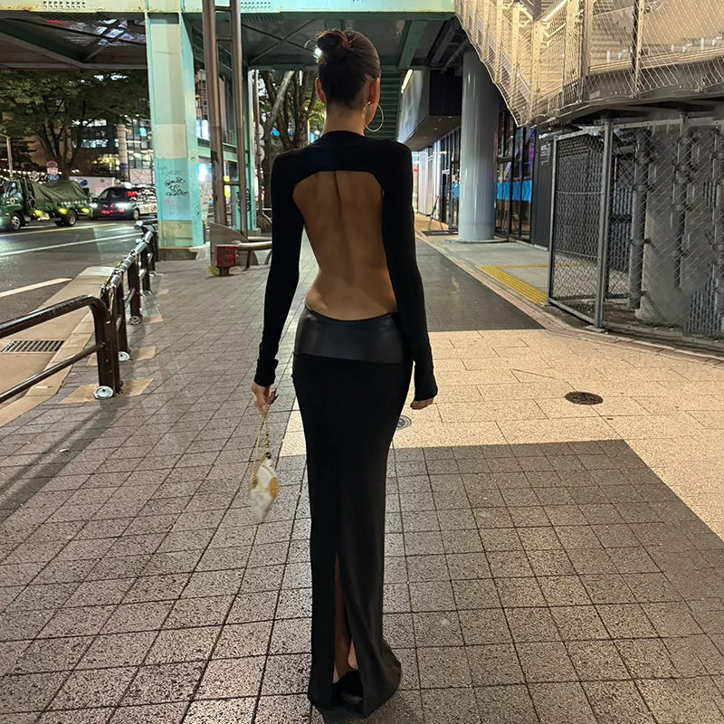 Sexy Black Long Sleeve Maxi Dresses Club Outfits for Woman Clothes Deep V Neck Hollow Backless Dress