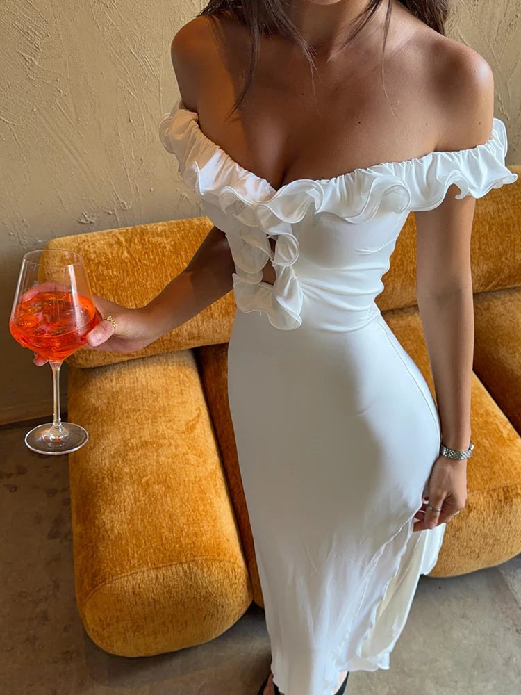 Women Off Shoulder Ruffle Midi Dress Elegant Cutout Front High Waist Split Long Dress Wedding Party Evening Dress