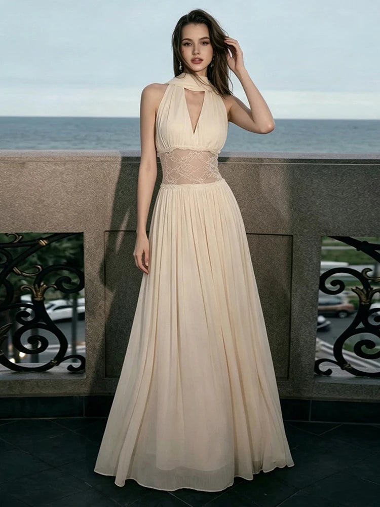 Patchwork Lace Maxi Dress Women v-Neck Folds Long Tassel Sleeveless Elegant Birthday Party Summer Fashion Vestidos