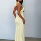 Women Halter V‑Neck Sexy Maxi Dress Lace Spliced Twisted Front Ruched Long Dress Elegant Evening Party Prom Dresses