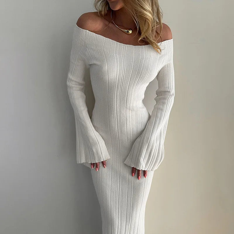 Off Shoulder Flare Sleeve Long Dresses Black Green White Knitted Elegant Dress Fall Clothes 2024 Women