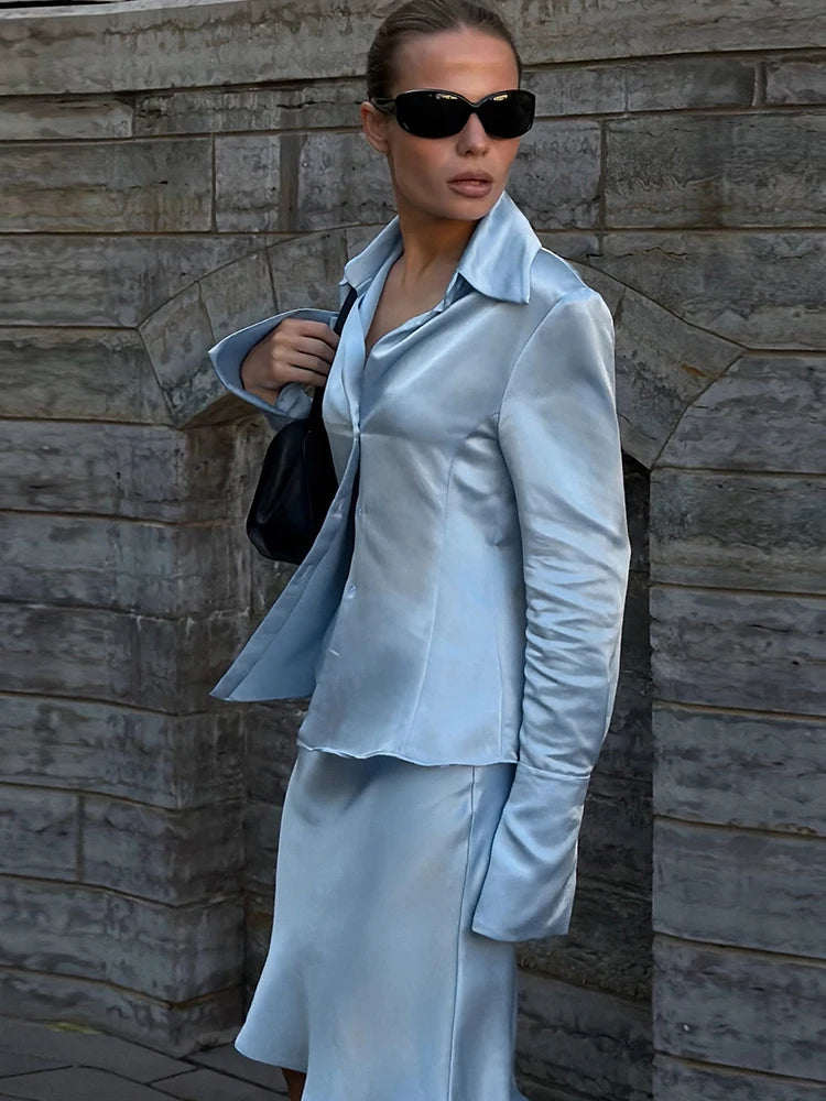Office Style 2-Piece Set Women Lapel Single-Breasted Split Full Sleeve Shirt+Loose Skirt Satin Street Daily Suits