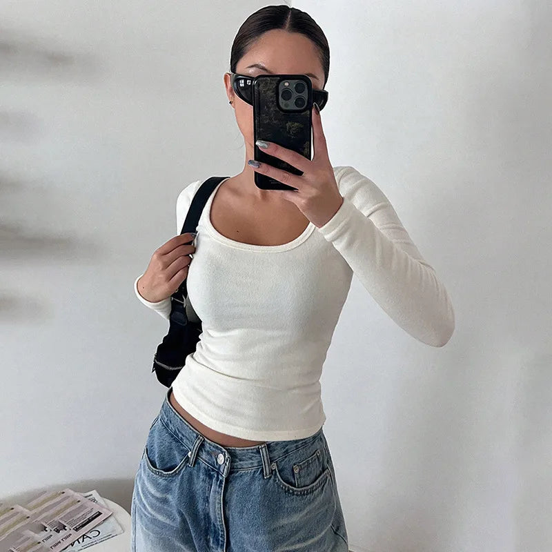 Scoop Neck Long Sleeve T Shirt Solid Color Basics Tees Autumn Winter Clothes Ladies Tops New Arrival 2023