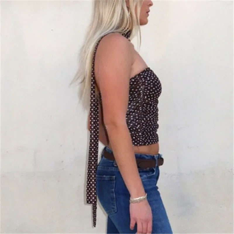 Y2K Retro Polka Dot Mesh Tube Top with Matching Choker Halter Neck Ruched See-Through Cropped Top Edgy Streetwear