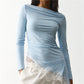 Women Boat Neck Long Sleeve Slim Fitted Top Ruched Side Asymmetrical Lace Hem Y2K Casual Daily Spring Fall Blouse Tops