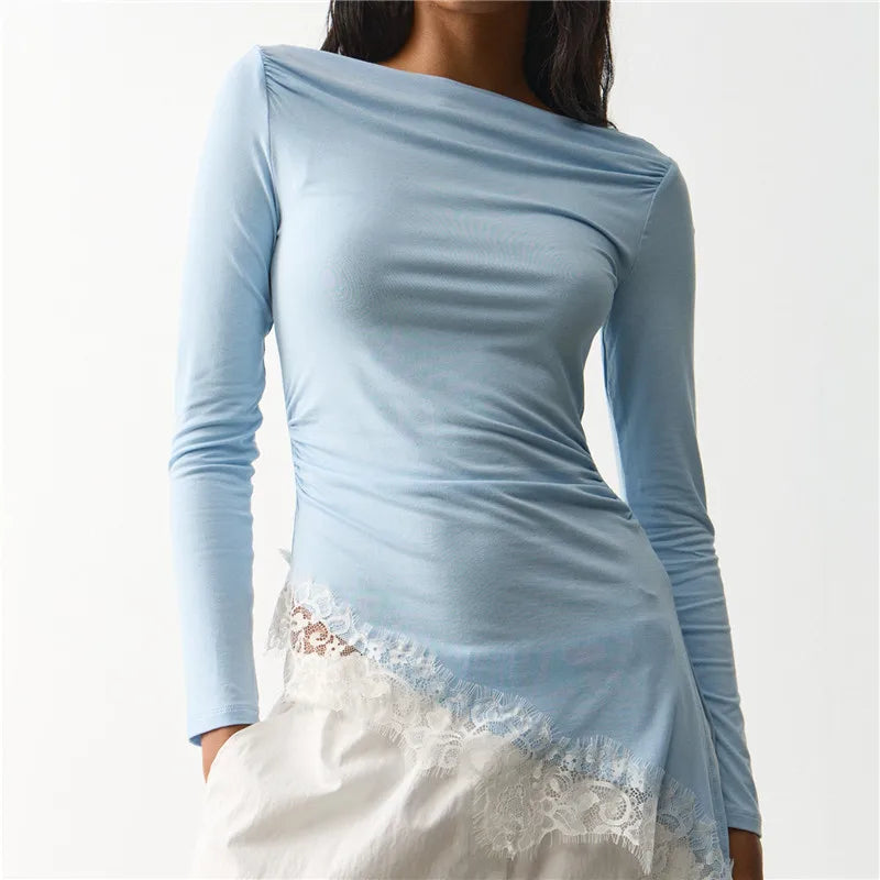 Women Boat Neck Long Sleeve Slim Fitted Top Ruched Side Asymmetrical Lace Hem Y2K Casual Daily Spring Fall Blouse Tops